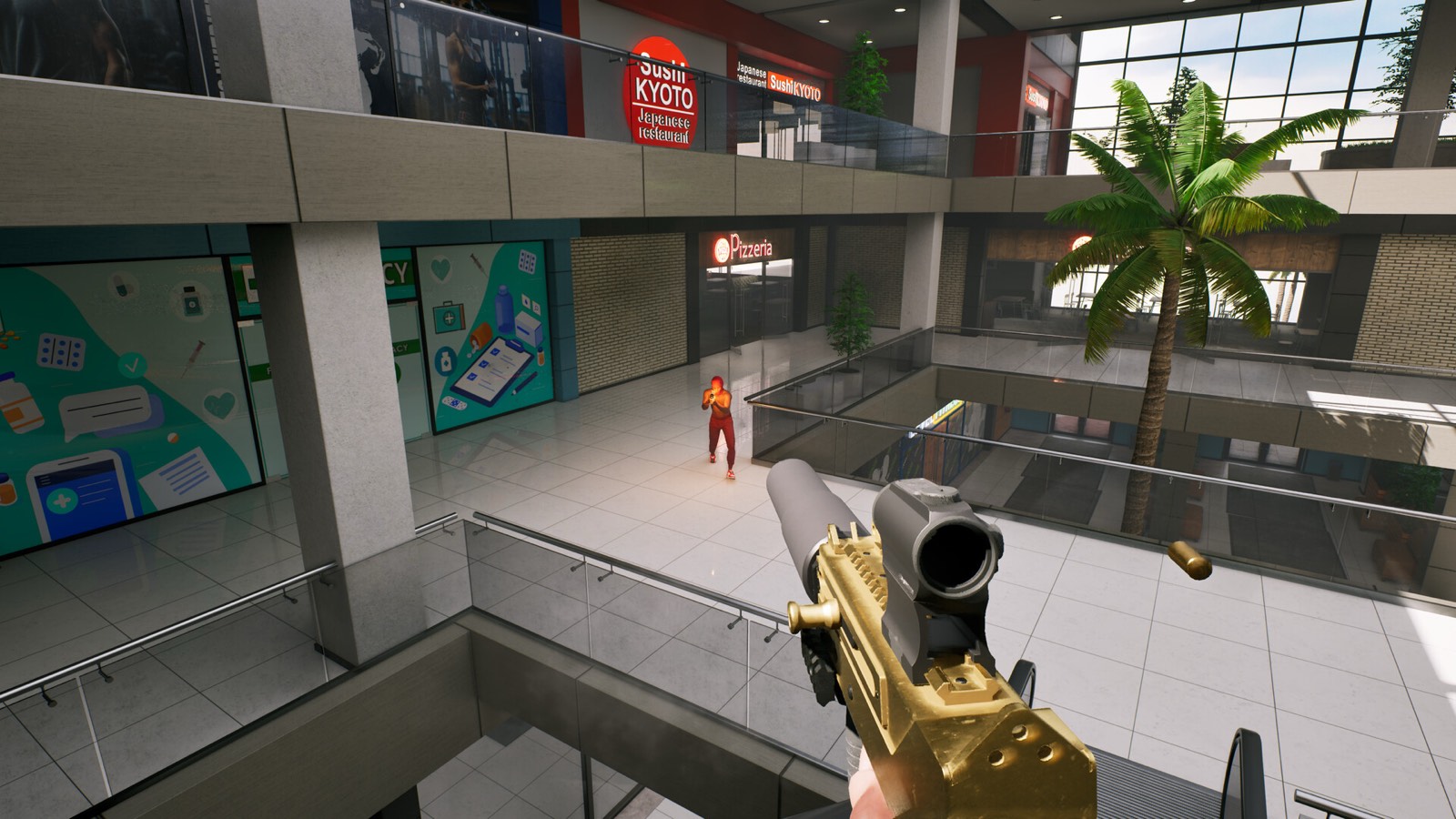 First-person view of a gold-colored rifle on an upper mall walkway, looking down at another player.
