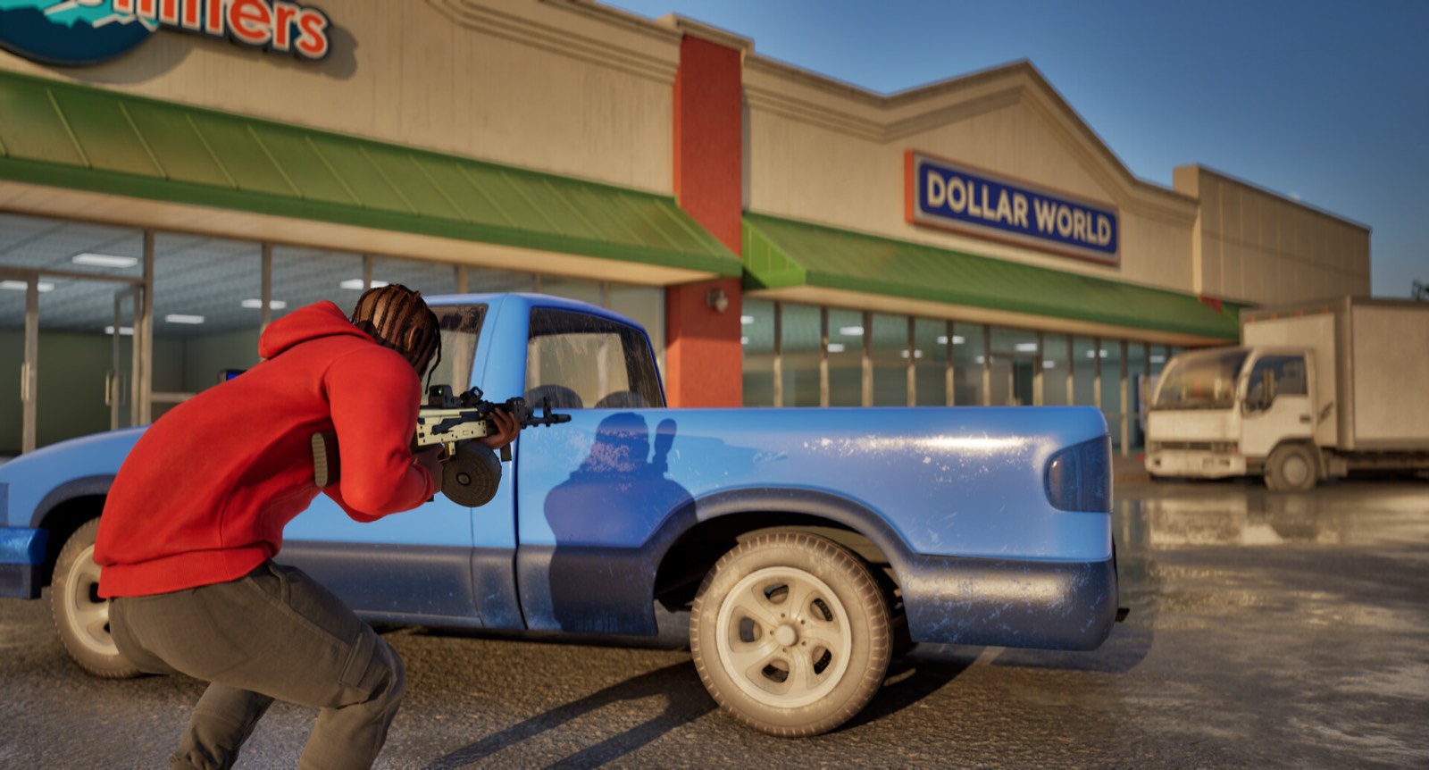 A player in a red hoodie takes cover behind a blue pickup outside a strip mall.