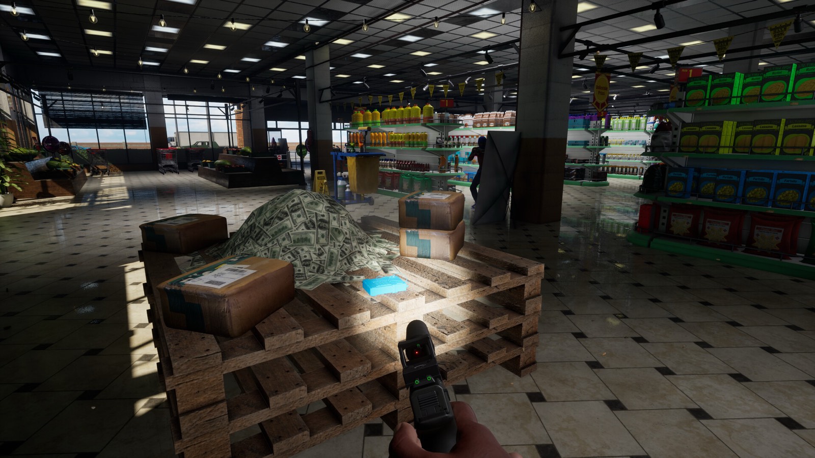 First-person pistol view inside a supermarket, with cash piled on a wooden pallet.